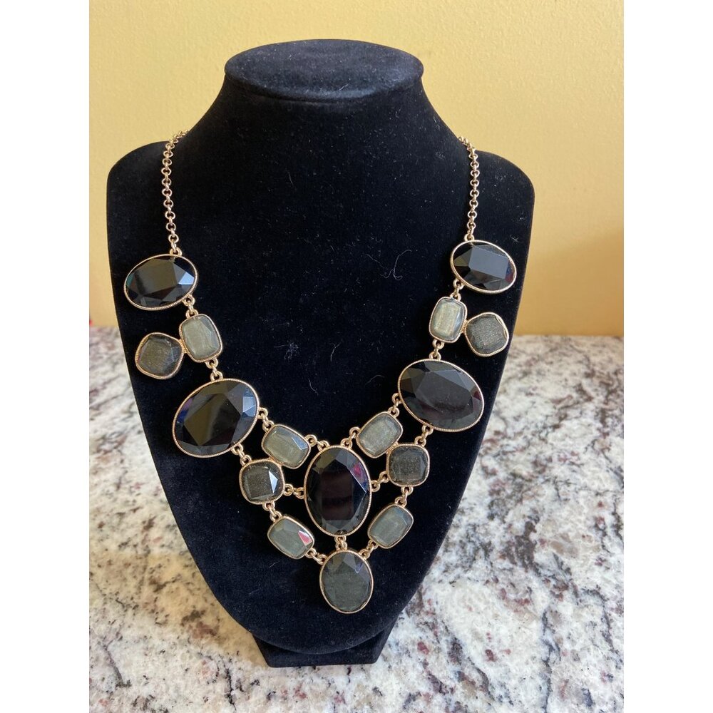 Monet Black Green Faceted Statement Necklace Gold Tone Chain Bold Chunky Jewelry
